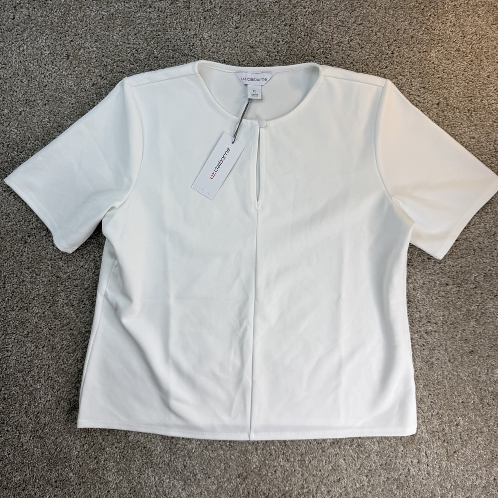 Liz Claiborne Blouse Womens Petites PL White Short Sleeve Round Neck Knit Top